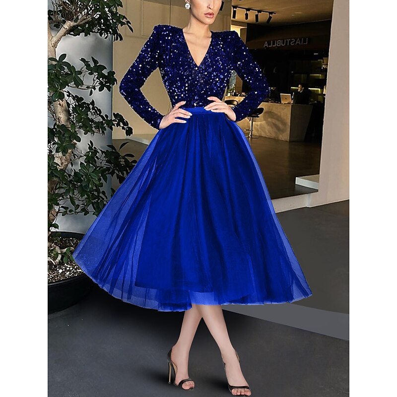 Ball Gown A-Line Cocktail Dresses Vintage Dress Evening Party Cocktail Party Tea Length Long Sleeve Jewel Neck Fall Wedding Guest Tulle with Sequin Dresses