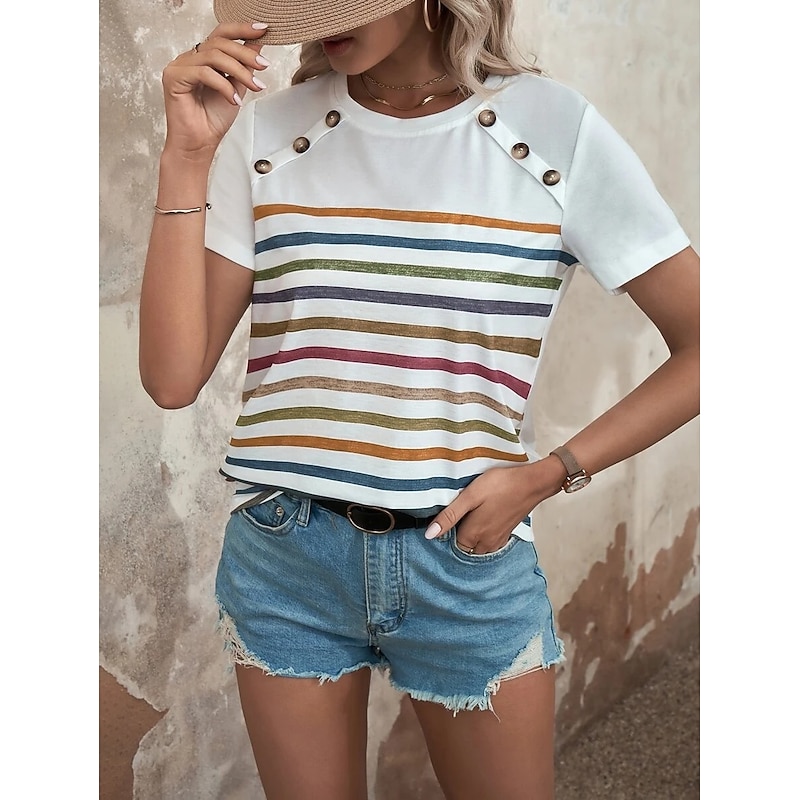 Women's T Shirt Striped Fashion Short Sleeve Round Neck Regular Tops Casual Daily Buttons Print Black White Wine Blue Summer3