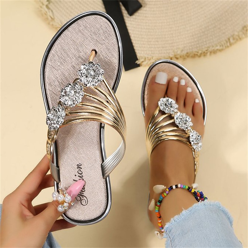 Women's Rhinestone Embellished Gold Slip-On Sandals, Stylish Flat Summer Shoes for Beach, Casual, and Vacation Wear