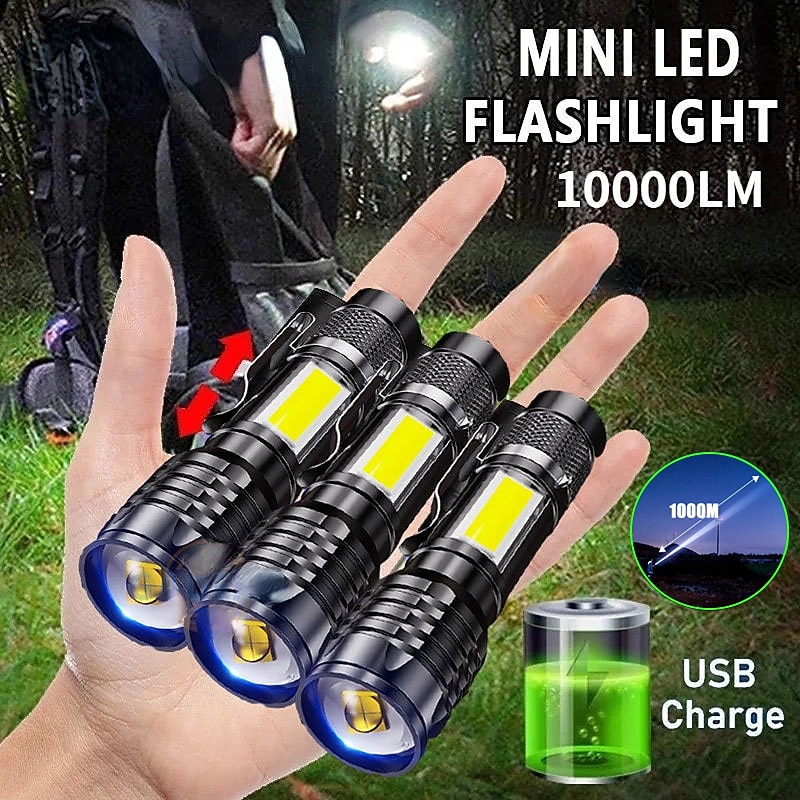 Mini Led Flashlight Handheld Flashlights / Torch LED Emitters Automatic Mode with USB Cable Easy Carrying Durable Pocket Work Light Outdoor Camping Fishing Climbing
