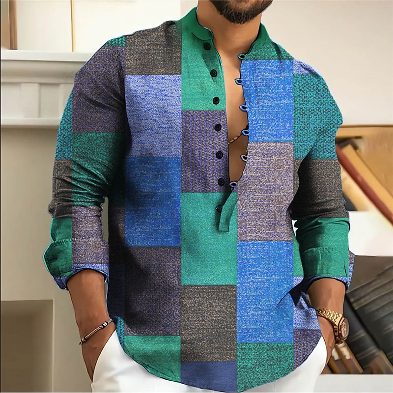 Men's Color Block Geometric Pattern Geometry Shirt Button Up Shirt Long Sleeve Fashion Streetwear Designer Casual Going out Summer Spring Fall Stand Collar Print Yellow Blue Purple Gray2