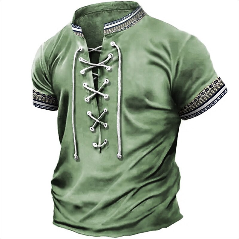 Men's T Shirt Graphic Tribal Stand Collar Clothing Apparel 3D Print Daily Sports Going out Short Sleeve Lace up Print Polyester Vintage Fashion Designer4