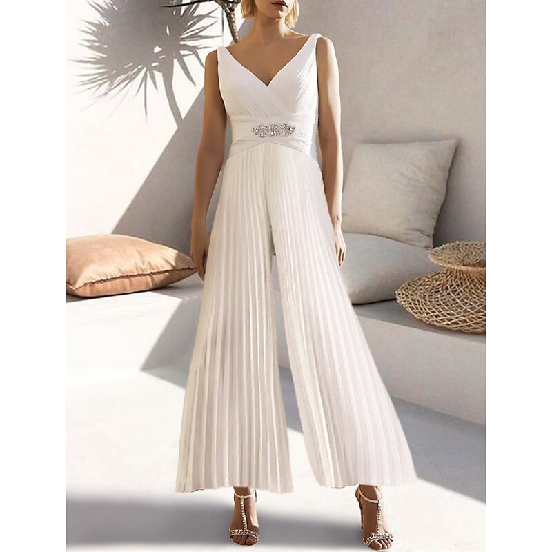 Jumpsuits Elegant Dress Wedding Guest Summer Ankle Length Sleeveless V Neck Chiffon Ladder Back with Pleats Crystals3