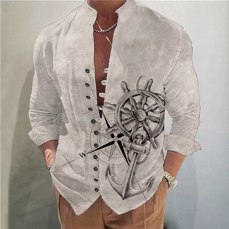 Men's Nautical Anchor Vintage Shirt Button Up Shirt Long Sleeve Vintage Fashion Streetwear Outdoor Casual Daily Summer Spring Fall Stand Collar Print White Yellow Blue Green Khaki