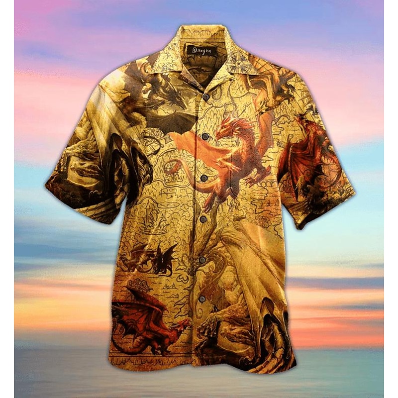 Men's Dragon Shirt Button Up Shirt Short Sleeve Tropical Fashion Hawaiian Casual Holiday Beach Summer Spring Turndown Print Button-Down Black White Brown Khaki3