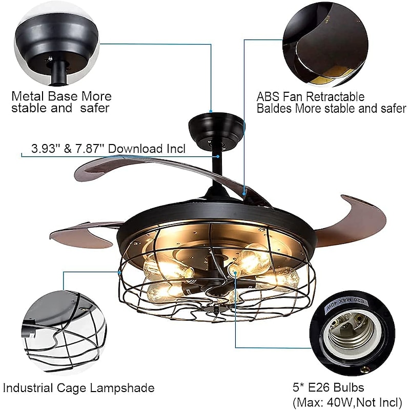 Ceiling Fan with Lights-42" Industrial Ceiling Fan with Retractable Blades, 3/6-Speed ControlVintage Cage Ceiling Light Fixture with Remote for Kitchen, Dining Room, Living Room E26 Black4