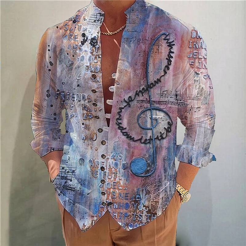 Men's Boardmasters Vintage Notes Shirt Button Up Shirt Long Sleeve Fashion Streetwear Designer Outdoor Casual Daily Summer Spring Fall Stand Collar Print Blue Purple Green Gray2