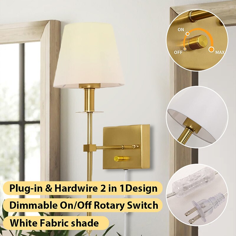 Plug in Wall Sconce Dimmable Wall Sconces 1pcs, White Fabric Shade Wall Lamp with 6Ft Plug in Cord, Indoor Wall Lights Wall Mounted Light Fixture, for Bedroom Living Room Hallway, Gold