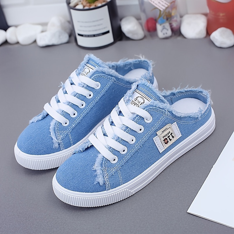 Women's White Backless Canvas Sneakers with Raw Edge Design, Slip-On Lace-Up Mules for Summer Streetwear, School, and Casual Outings 6