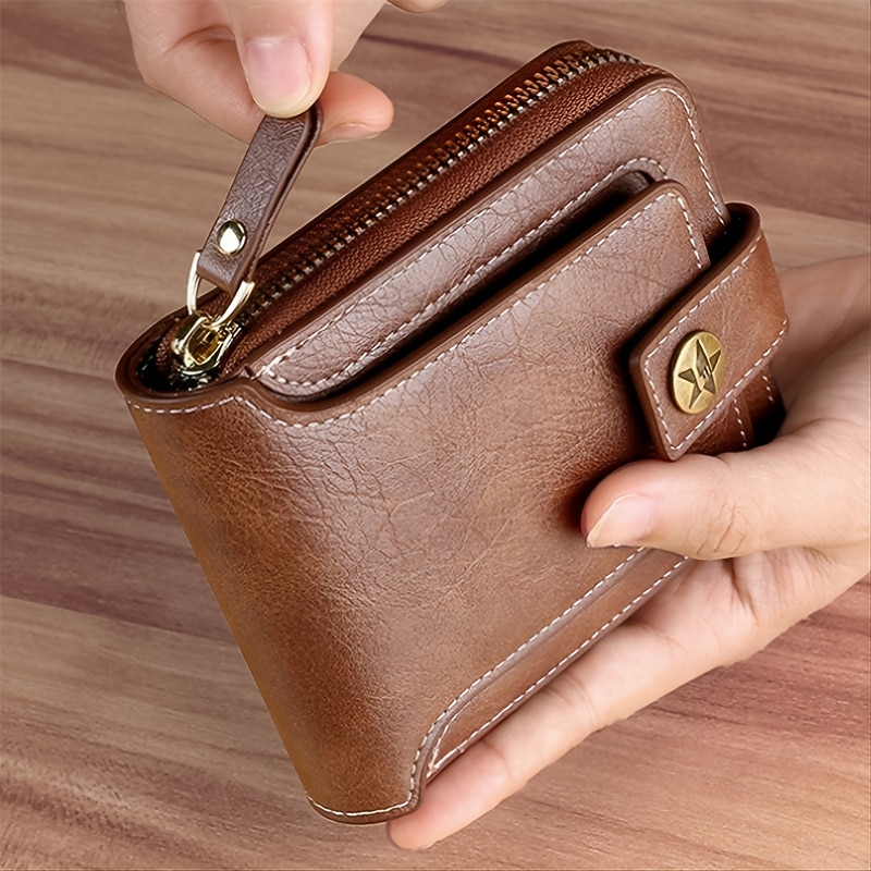 Credit Card Holder Wallet Men's PU Leather Solid Color Business Wallet Card Holder With Zipper & Button Valentine's Day Gift