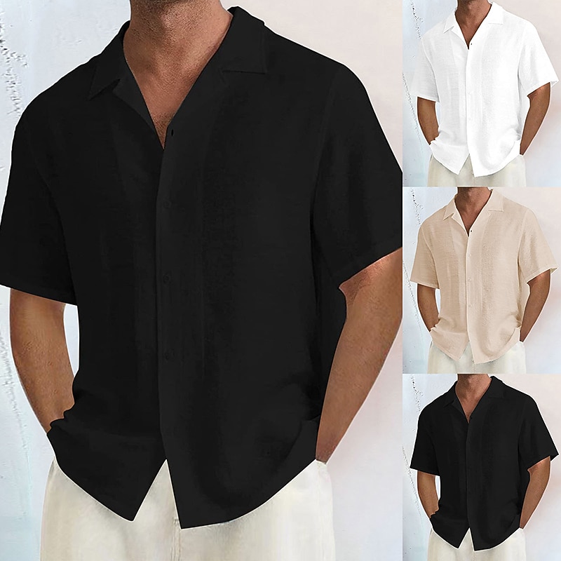 Men's Shirt Summer Shirt Casual Shirt Button Up Shirt Black White khaki Short Sleeve Plain Camp Collar Vacation Daily Clothing Apparel Fashion Casual Comfortable