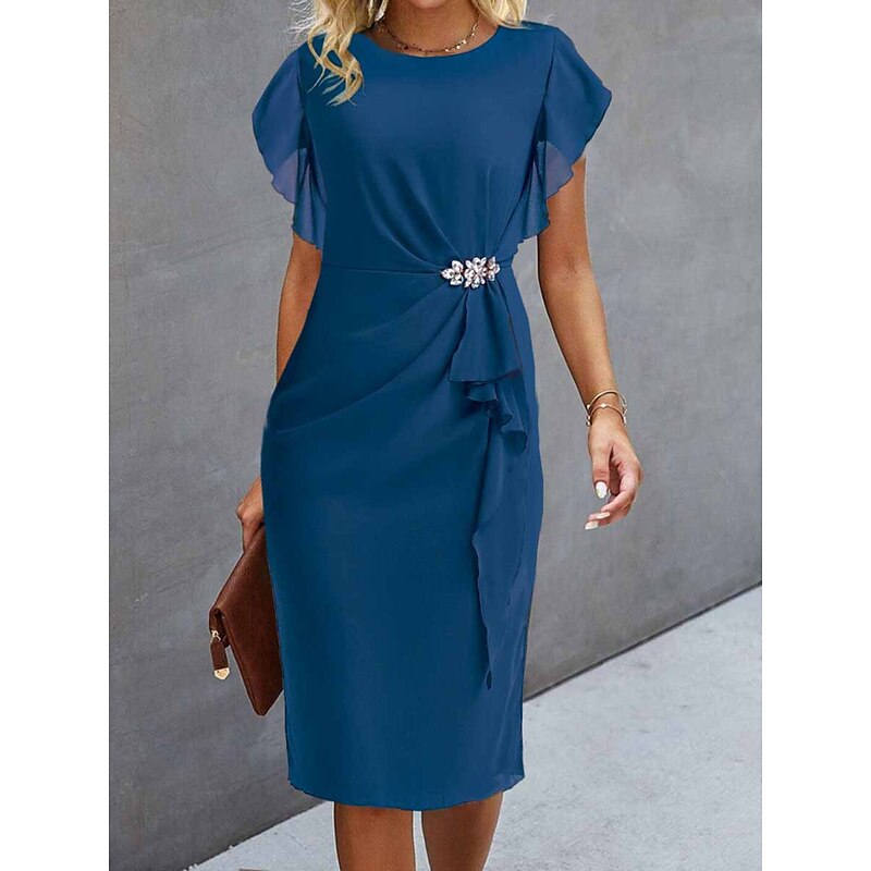 Women's Wedding Guest Cocktail Party Dress Midi Chiffon Dress Wine Blue Green Short Sleeve Solid Color Ruffle Crew Neck Evening Summer Spring Fall