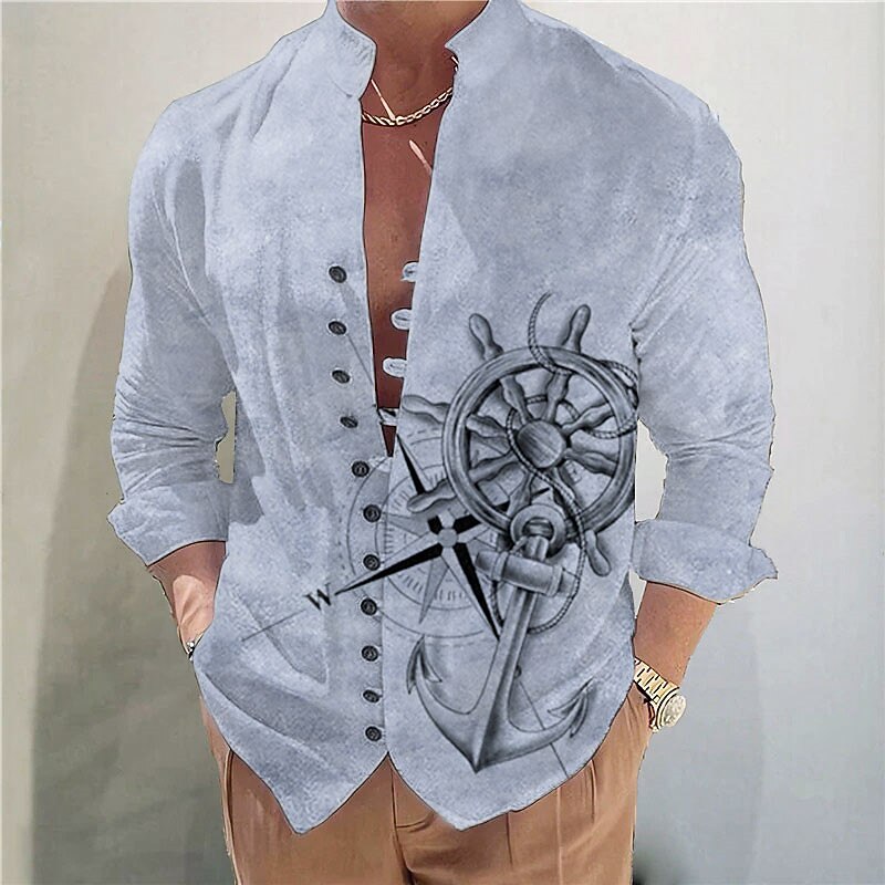 Men's Nautical Anchor Vintage Shirt Button Up Shirt Long Sleeve Vintage Fashion Streetwear Outdoor Casual Daily Summer Spring Fall Stand Collar Print White Yellow Blue Green Khaki4