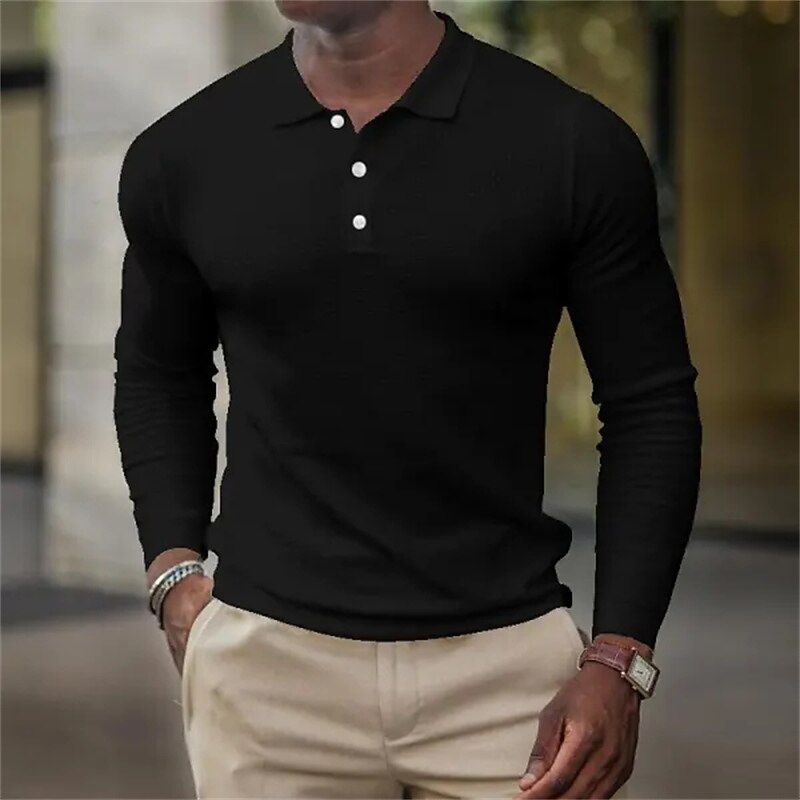 Men's Waffle Polo Shirt Golf Shirt Casual Holiday Lapel Long Sleeve Fashion Basic Plain Button Vintage Summer Regular Fit Black White Grey Waffle Polo Shirt