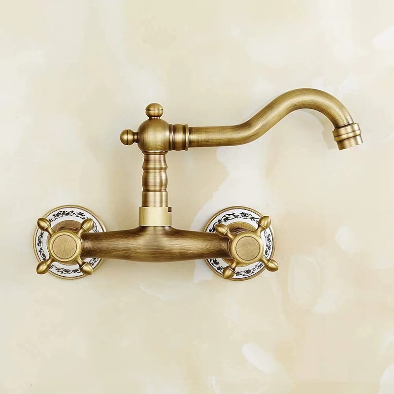 Vintage Brass Bathtub Faucet Wall Mounted Dual Handle Bath Tub Taps, Bathroom Mixer Tap, with Cold and Hot Hose3