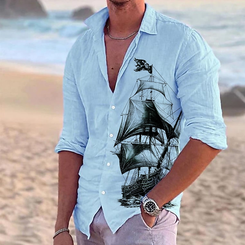 Men's Nautical Sailboat Shirt Button Up Shirt Long Sleeve Vintage Fashion Streetwear Outdoor Casual Daily Summer Spring Fall Turndown Print Black White Light Green Pink Blue3