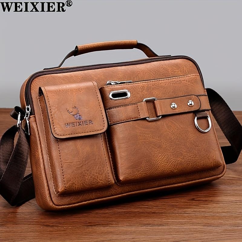 Men's Brown Faux Leather Messenger Bag with Multiple Pockets and Adjustable Strap - Stylish and Functional Crossbody Bag for Travel and Daily Use