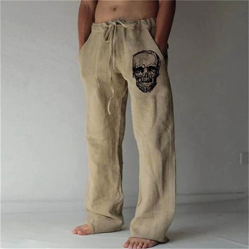 Men's Skull Graphic Prints Trousers Summer Pants Beach Pants Mid Waist Streetwear Hawaiian Designer Casual Daily Holiday Drawstring Elastic Waist 3D Print Spring & Summer 3D Print White Green Khaki4