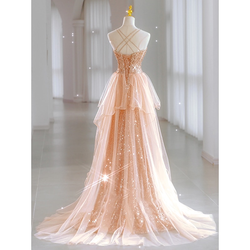 Beach Wedding A-Line Prom Dresses Sparkle & Shine Dress Wedding Guest Sweet 16 Floor Length Sleeveless Sweetheart Tulle with Sequin Masquerade Dress2