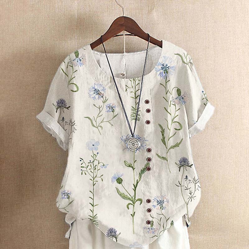 Women's Shirt Blouse Floral Basic Short Sleeve Round Neck Regular Tops Casual Holiday Linen Like Buttons Print Yellow Purple Green2