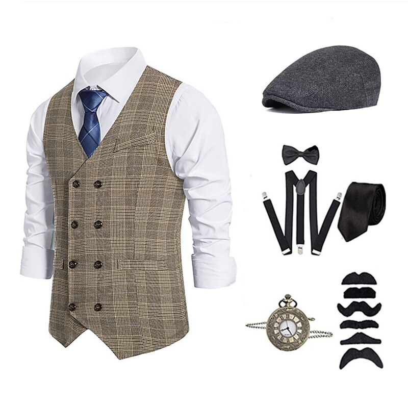 Retro Vintage 1920s Outfits Party Costume Vest Cosplay The Great Gatsby Gentleman Collarless Fancy Dress Men's Carnival Masquerade Party Evening Wear Masquerade Casual Daily Adults' Vest Shirt Hat