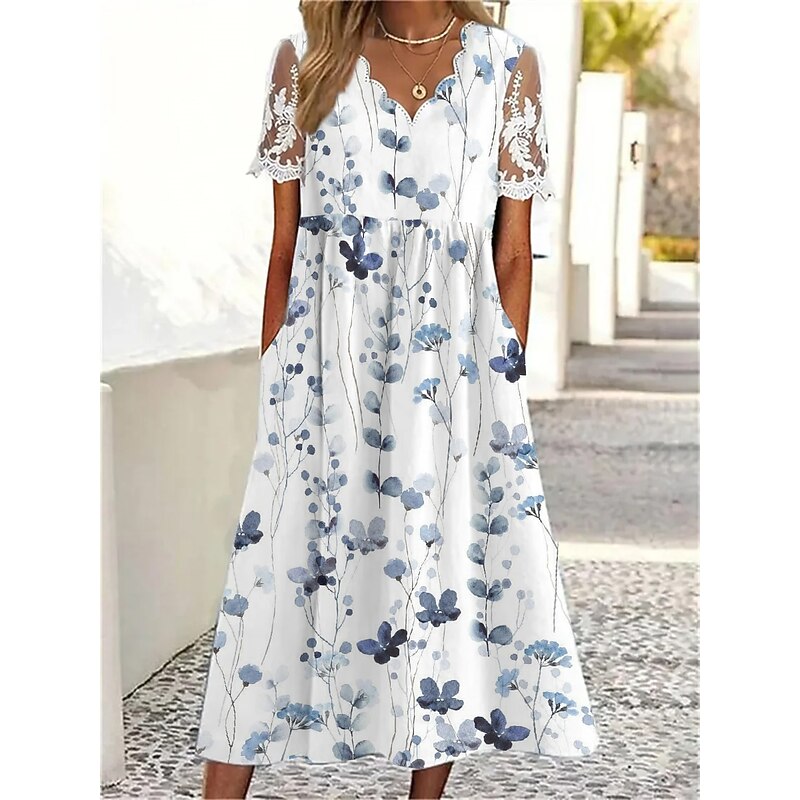 Women's Midi Dress A Line Dress Summer Dress Print Dress Fashion Modern Lace Sleeve Outdoor Vacation Daily Regular Fit Floral Short Sleeve Scalloped Neck White Spring Fall