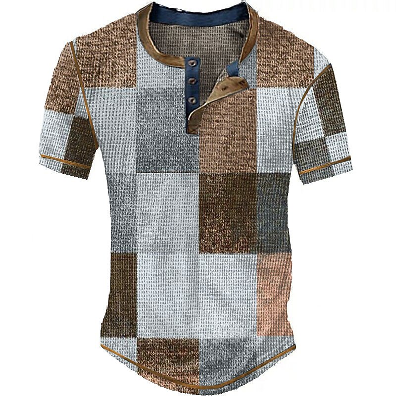 Men's Graphic Plaid Waffle Henley Shirt Short Sleeve 3D Print Fashion Designer Basic Outdoor Daily Summer Blue Sky Blue Red Brown Green Henley Henley T-Shirt4