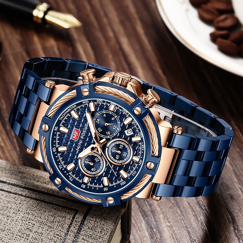 MINI FOCUS Chronograph Multifunction Quartz Mens Watches Luxury Stainless Strap Business Male Clock Waterproof relogio masculino