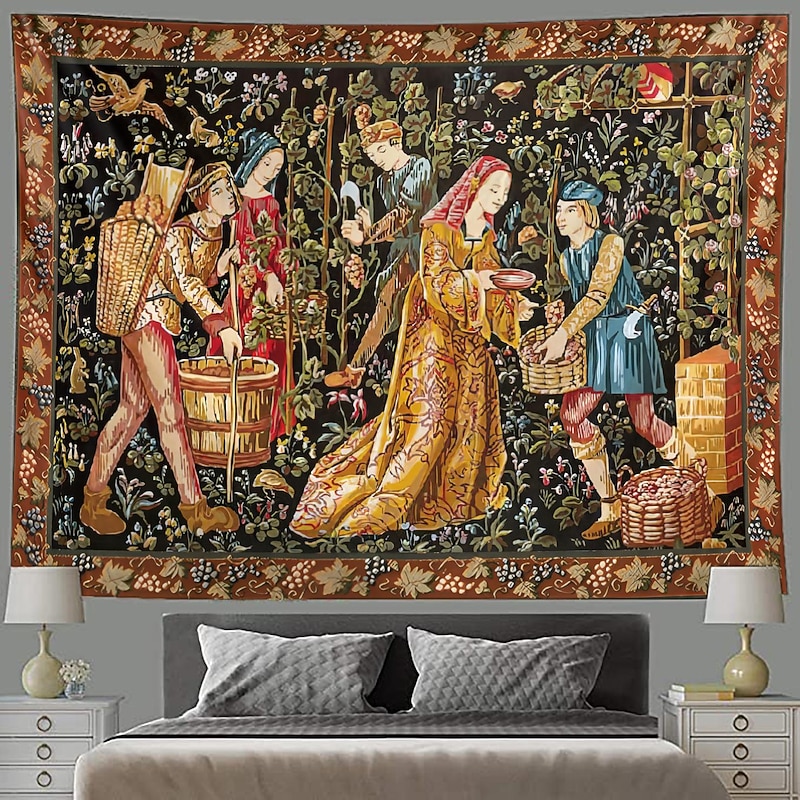 Medieval Painting Tapestry Middle Age Tapestry Grape Harving Wall Art Large Tapestry Mural Decor Photograph Backdrop Blanket Curtain Home Bedroom Living Room Decoration