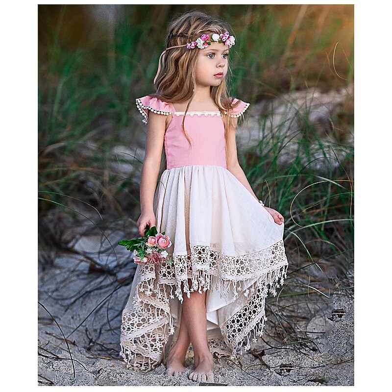 Flower Girl Dress Girls' Dress Party Dress Wedding Party Holiday Vacation Cute Boho Short Sleeve Square Collar Pink4