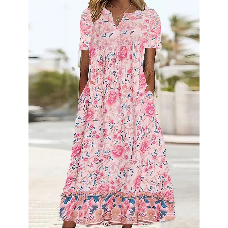 Women's Pink Dress Floral Graphic Print V Neck Midi Dress Classic Daily Vacation Short Sleeve Summer Spring