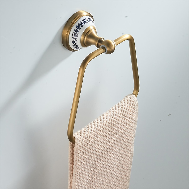 Antique Brushed Brass Towel Holder Towel Ring , Copper for Bathrooms, Trapezoid Hand Towel Rack Wall Mounted Decorative