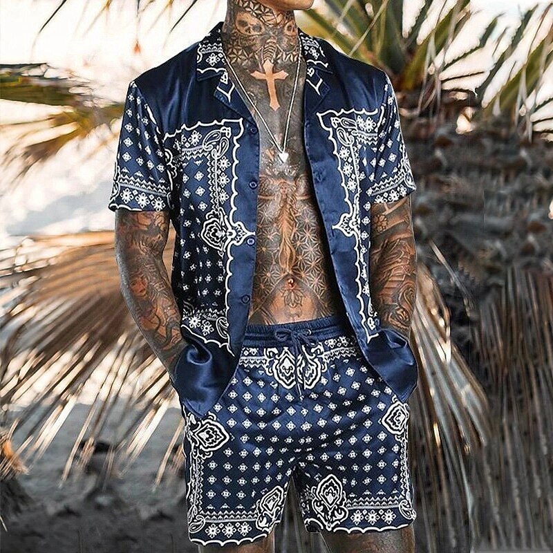 Men's Geometric Pattern Geometry 2pcs Shirts Sets Summer Hawaiian Shirt Short Sleeve Short Pants Cuban Collar Tropical Fashion Hawaiian Casual Holiday Beach Print Summer Spring Yellow Orange Coffee3