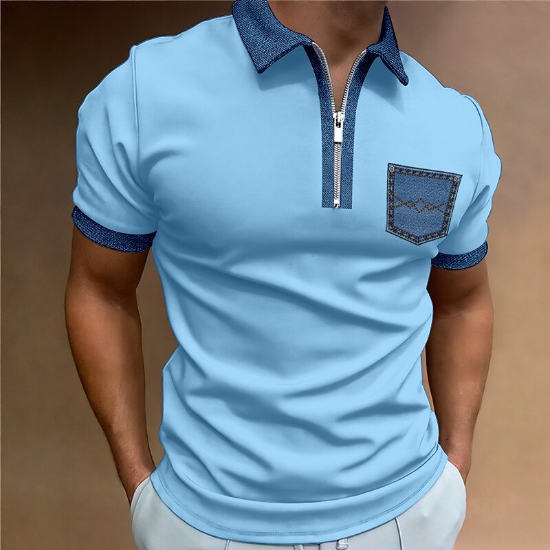 Men's Polo Shirt Golf Shirt Casual Holiday Lapel Quarter Zip Short Sleeve Fashion Basic Color Block Quarter Zip Summer Regular Fit Black White Blue Beige Gray Polo Shirt2