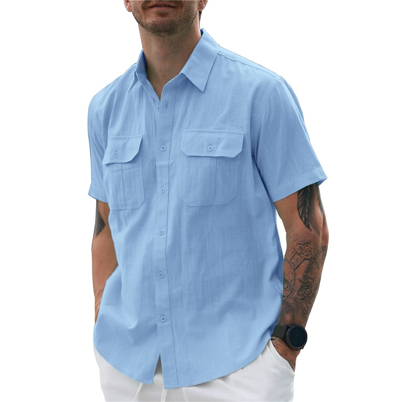 Men's Shirt Summer Shirt Casual Shirt Beach Shirt Button Up Shirt Black White Navy Blue Apricot Gray Short Sleeve Plain Lapel Vacation Daily Front Pocket Clothing Apparel Polyester Fashion Casual