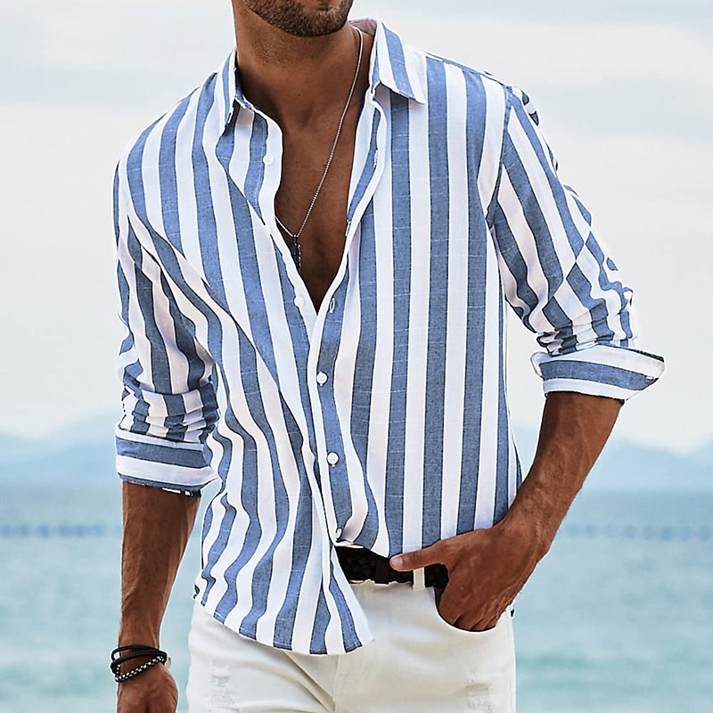 Men's Shirt Summer Shirt Beach Wear Button Up Shirt Light Pink Black Pink Sky Blue Dark Grey Long Sleeve Striped Collar Vacation Curise Clothing Apparel Fashion Leisure Hawaiian3