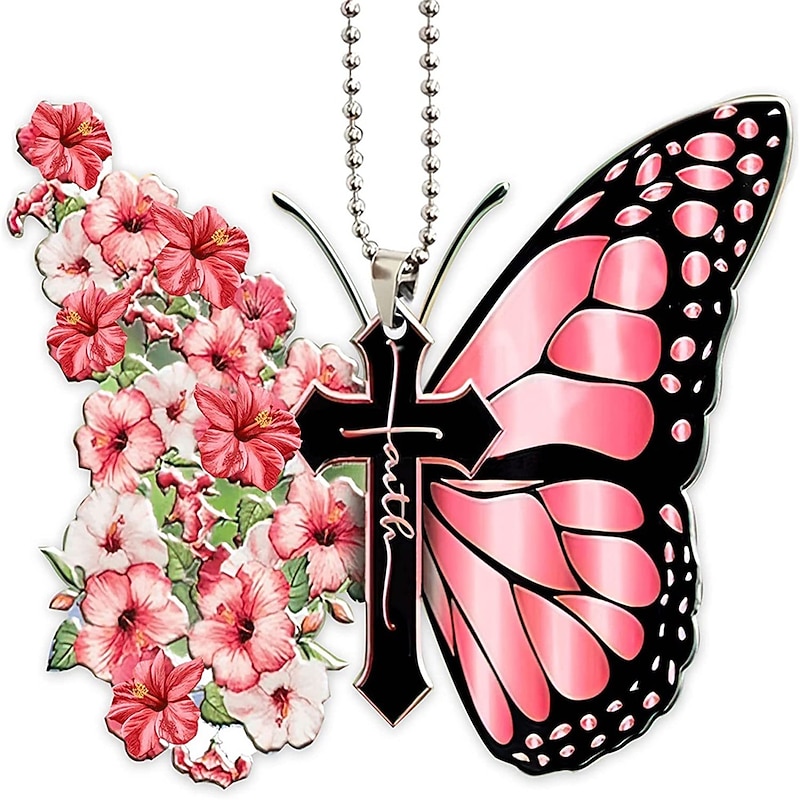 1pc Acrylic Butterfly Cross Pendant Auto Interior Accessories Christmas Tree Hanging Decoration Car Rear View Mirror Ornament Window Wall Decor With Chain4