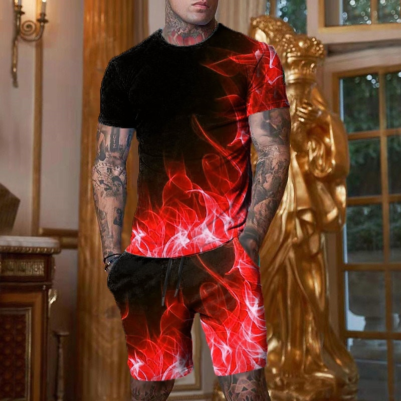 Men's Graphic Color Block Flame 2pcs Tees sets Matching Sets Short Sleeve Short Pants Crew Neck Designer Casual Comfortable Outdoor Vacation Daily 3D Print Spring & Summer Red Blue Purple3