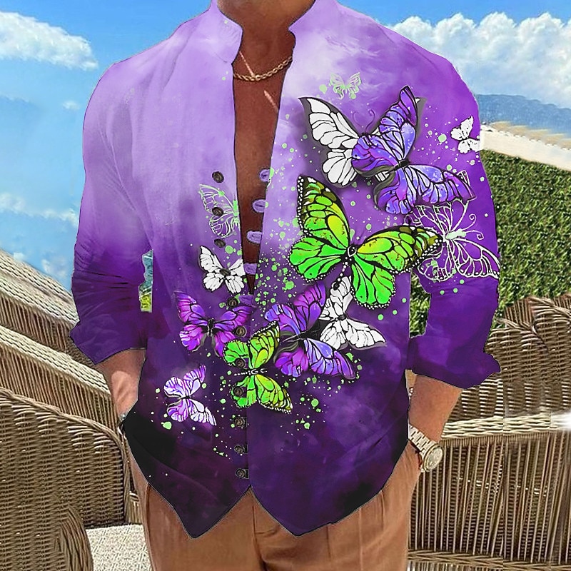 Men's Butterfly Shirt Summer Hawaiian Shirt Aloha Shirt Long Sleeve Shirt Stand Collar Fashion Designer Casual Outdoor Vacation Street Blue-Green Red Blue S M L4