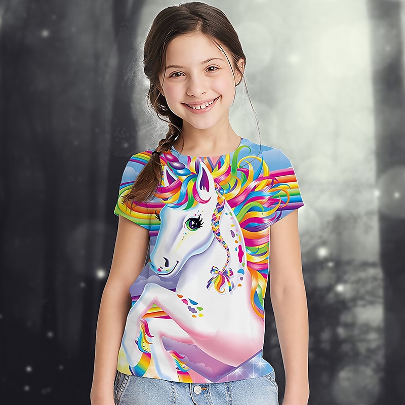 Girls' 3D Graphic Animal Rainbow T shirt Tee Short Sleeve 3D Print Summer Active Cute Kids 2-13 Years School2