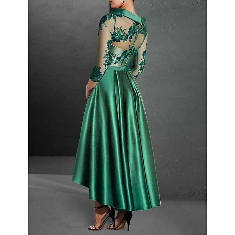 A-Line Mother of the Bride Cocktail Dresses Elegant Dress Formal Asymmetrical 3/4 Length Sleeve Jewel Neck Fall Wedding Guest Satin with Pleats Appliques Dresses2