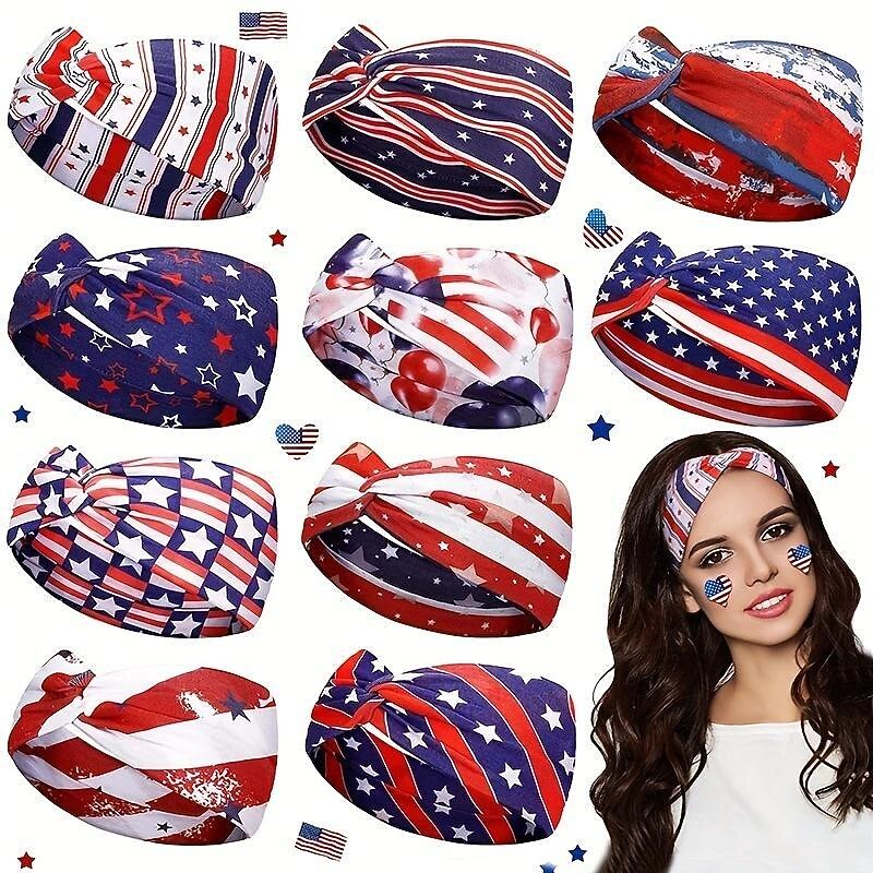 Retro USA Flag Print Sports Headband Knotted Sweat Absorbing Elastic Hair Band American Flag Independence Day  for Women's Fitness Workouts