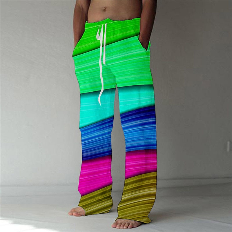 Men's Trousers Summer Pants Beach Pants Pocket Drawstring Elastic Waist Rainbow Graphic Prints Comfort Breathable Casual Daily Holiday Streetwear Designer Yellow Blue3