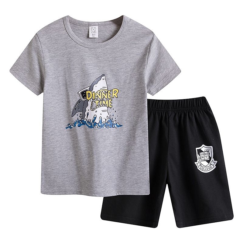 2 Pieces Kids Boys T-shirt & Shorts Outfit Cartoon Short Sleeve Cotton Set Casual Cool Summer Spring 4 years+ Black White Yellow2