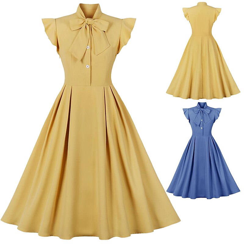 Retro Vintage 1950s Ruffle Midi A Line Dress Rockabilly Swing Dress Cap Sleeve Bow Solid Color Fancy Dress Women's Masquerade Tea Party Casual Daily Bachelorette Party Adults' Dress Homecoming Dresses