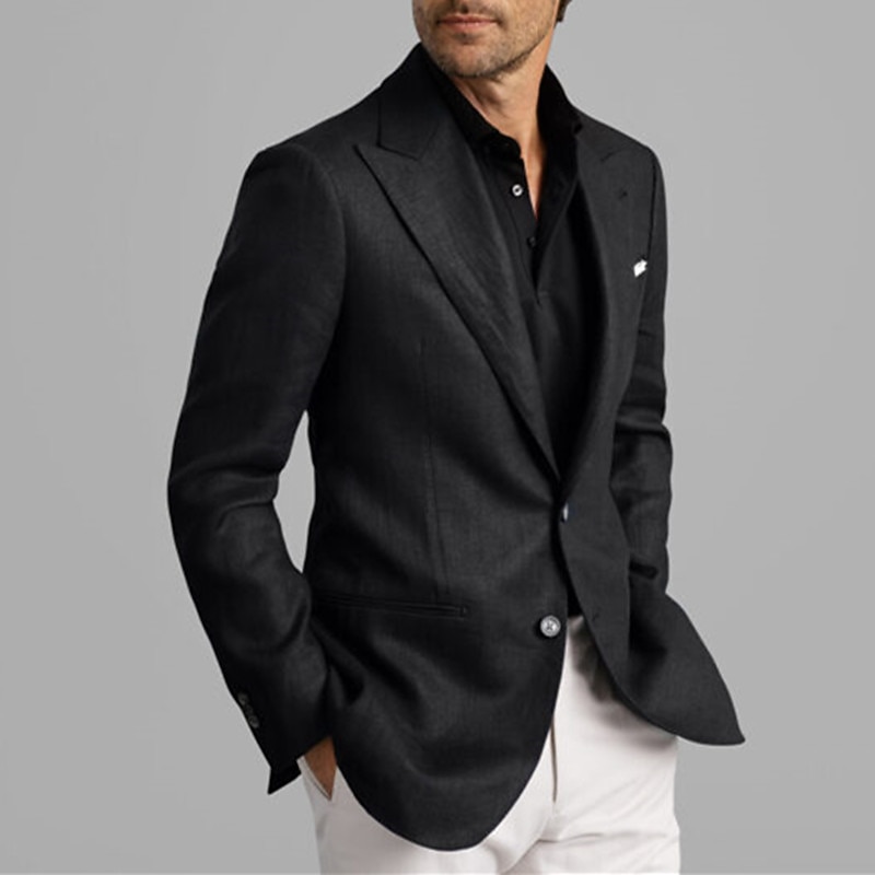 Men's Linen Blazer Sport Coat Closure collar Fashion Casual Solid Colored Black Tailored Fit Single Breasted Two-buttons