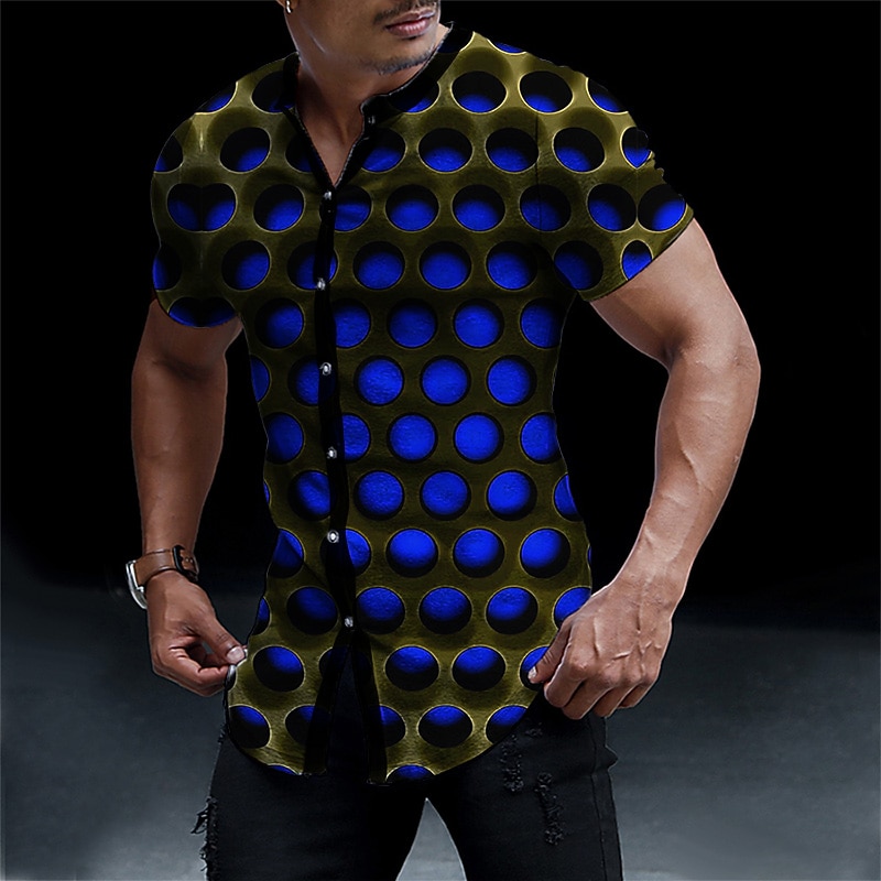 Men's Optical Illusion Shirt Button Up Shirt Short Sleeve Fashion Designer Casual Vacation Casual Going out Spring & Summer Stand Collar Print Black Yellow Red Blue Sky Blue2