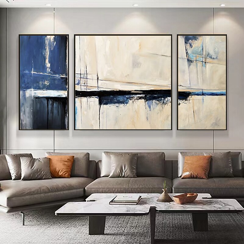 Modern Abstract Blue Horizontal Oil Painting Hand-Painted Abstract Wall Art For Living Room Bedroom Decorative Painting
