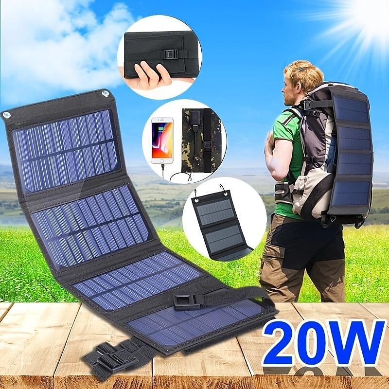 20W Portable Solar Charger 5V Foldable Solar Panel With USB Port Compatible With Cell Phone Digital SLR Power Bank For Outdoor Camping Hiking RV Trip