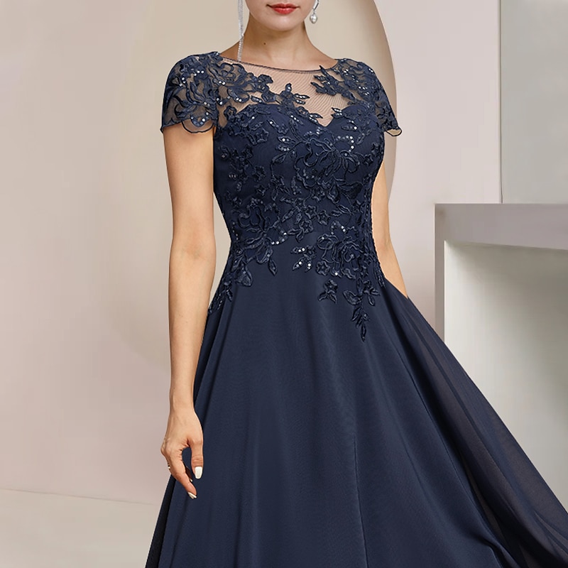 A-Line Mother of the Bride Dress Formal Wedding Guest Elegant High Low Scoop Neck Asymmetrical Tea Length Chiffon Lace Short Sleeve with Sequin Appliques3